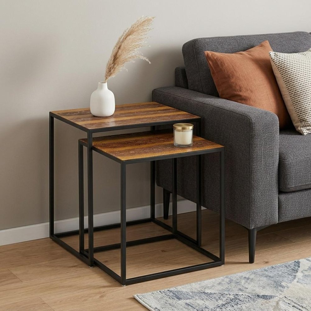 Set of Two Brown and Black Metal and Faux Snake Leather Nesting End Tables