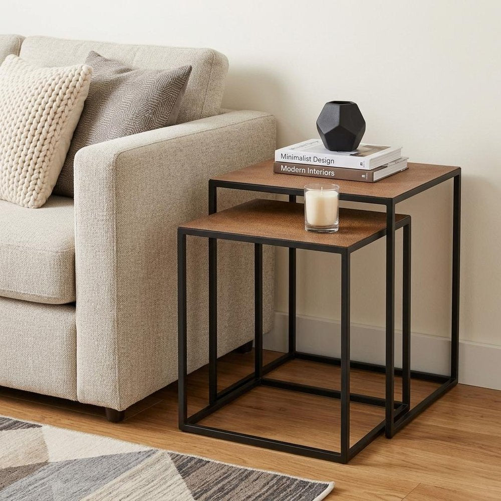 Set of Two Brown and Black Metal and Faux Snake Leather Nesting End Tables