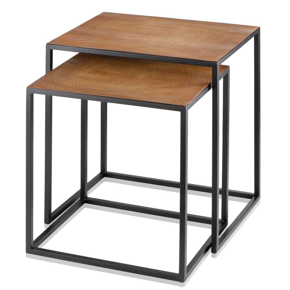 Set of Two Brown and Black Metal and Faux Snake Leather Nesting End Tables