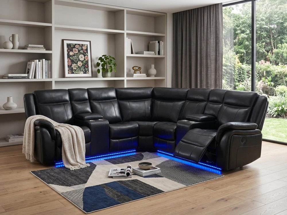 Black Polyester Blend Power Reclining L Shaped Three Piece Corner Sectional with Console