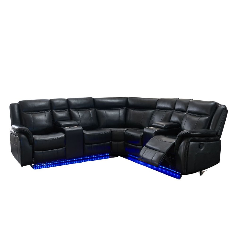 Black Polyester Blend Power Reclining L Shaped Three Piece Corner Sectional with Console