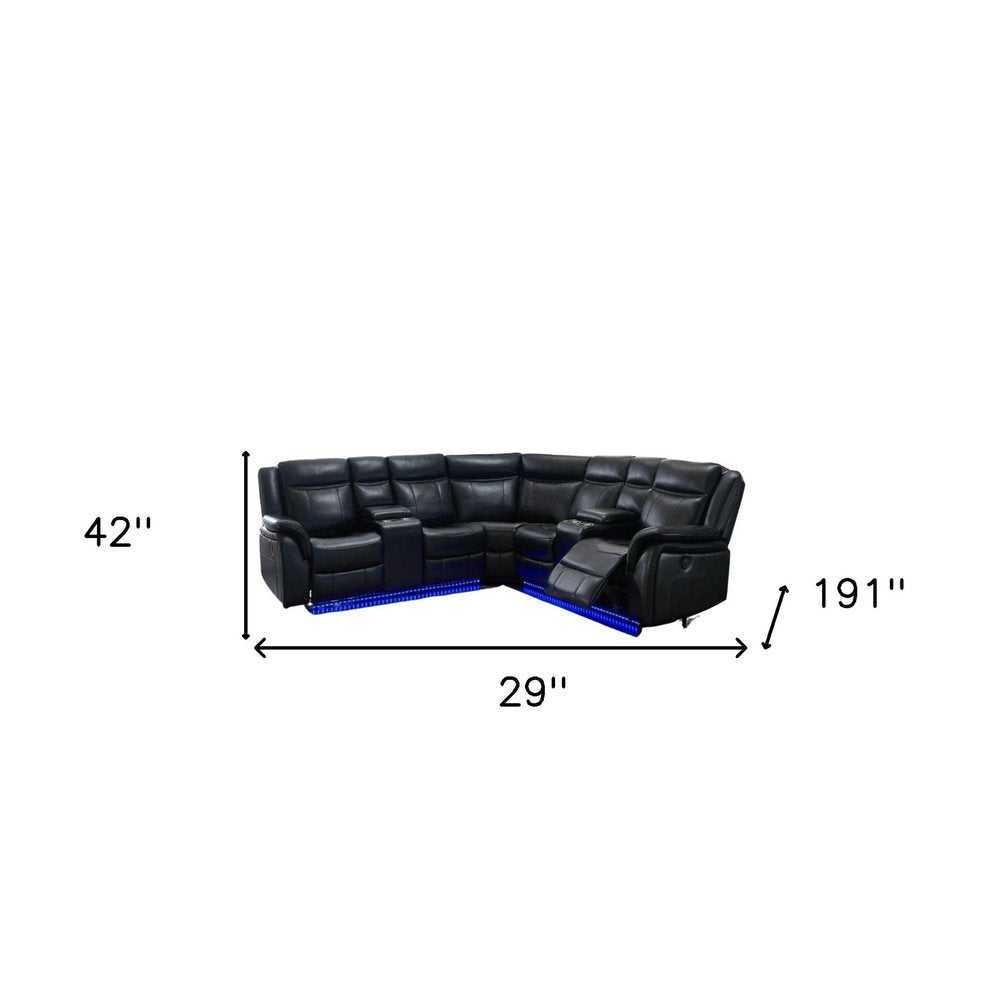 Black Polyester Blend Power Reclining L Shaped Three Piece Corner Sectional with Console