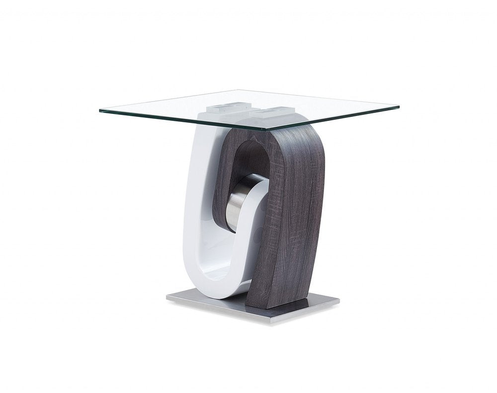 White Gray and Clear Glass and Wood Square Pedestal End Table
