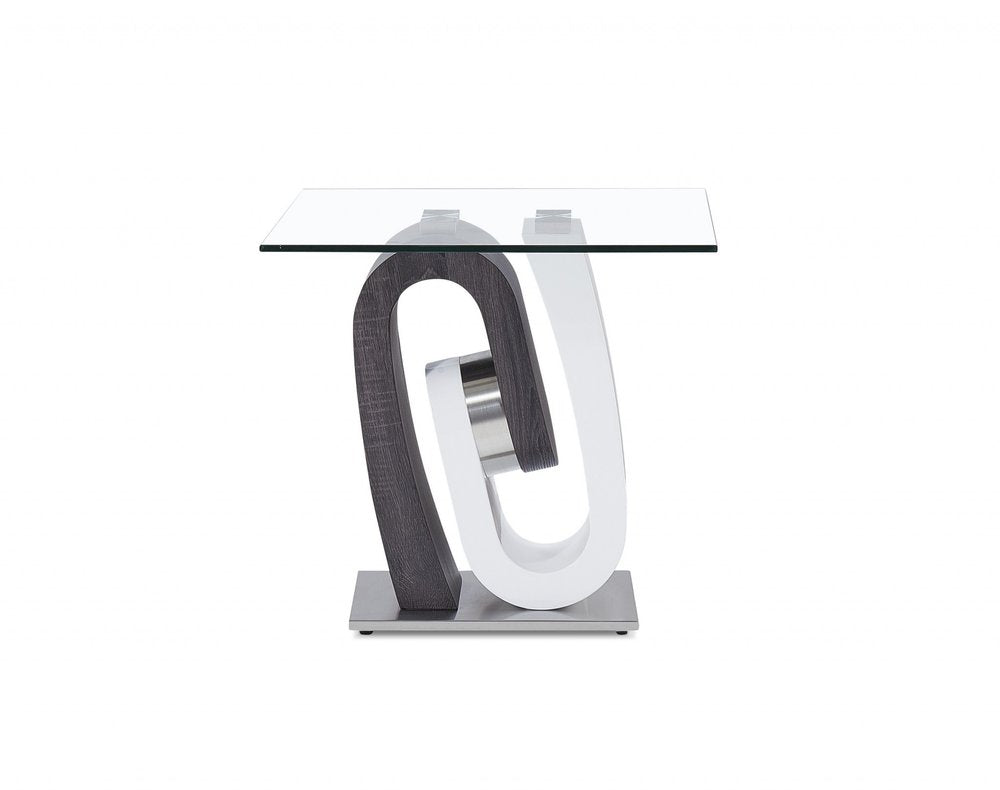 White Gray and Clear Glass and Wood Square Pedestal End Table