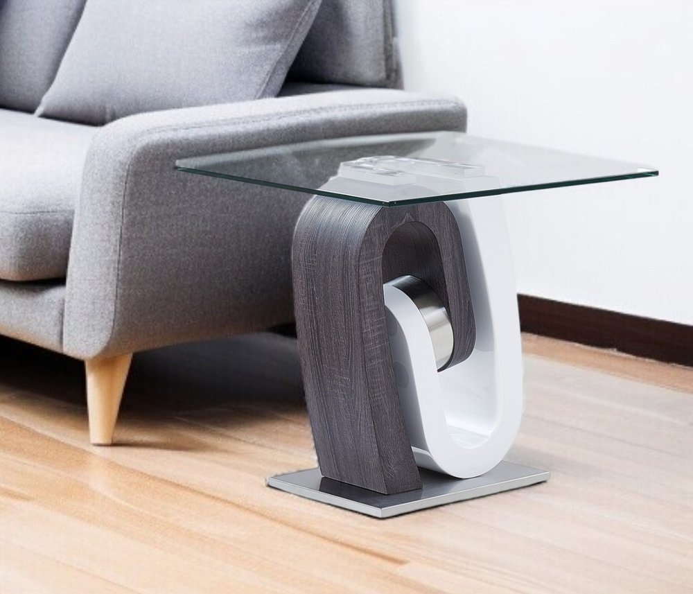 White Gray and Clear Glass and Wood Square Pedestal End Table