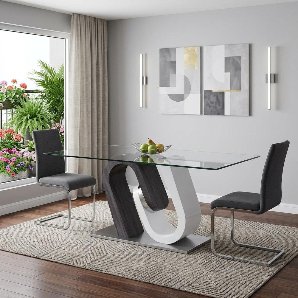 Clear and White and Gray Glass and Stainless Steel Pedestal Base Dining Table