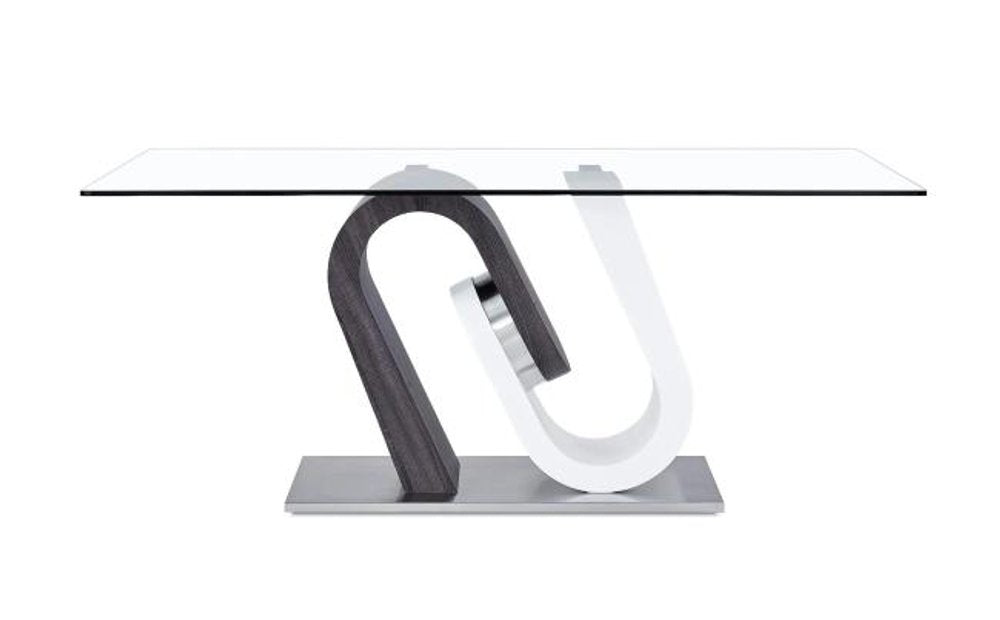 Clear and White and Gray Glass and Stainless Steel Pedestal Base Dining Table