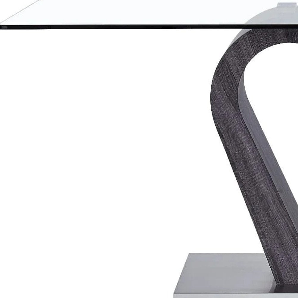 Clear and White and Gray Glass and Stainless Steel Pedestal Base Dining Table