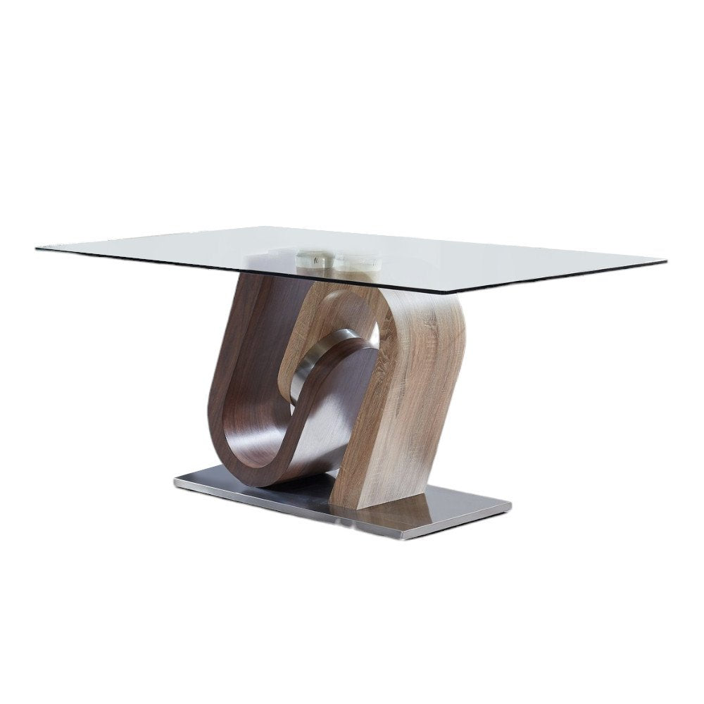 Clear and Brown and Silver Glass and Stainless Steel and Manufactured Wood Pedestal Base Dining Table