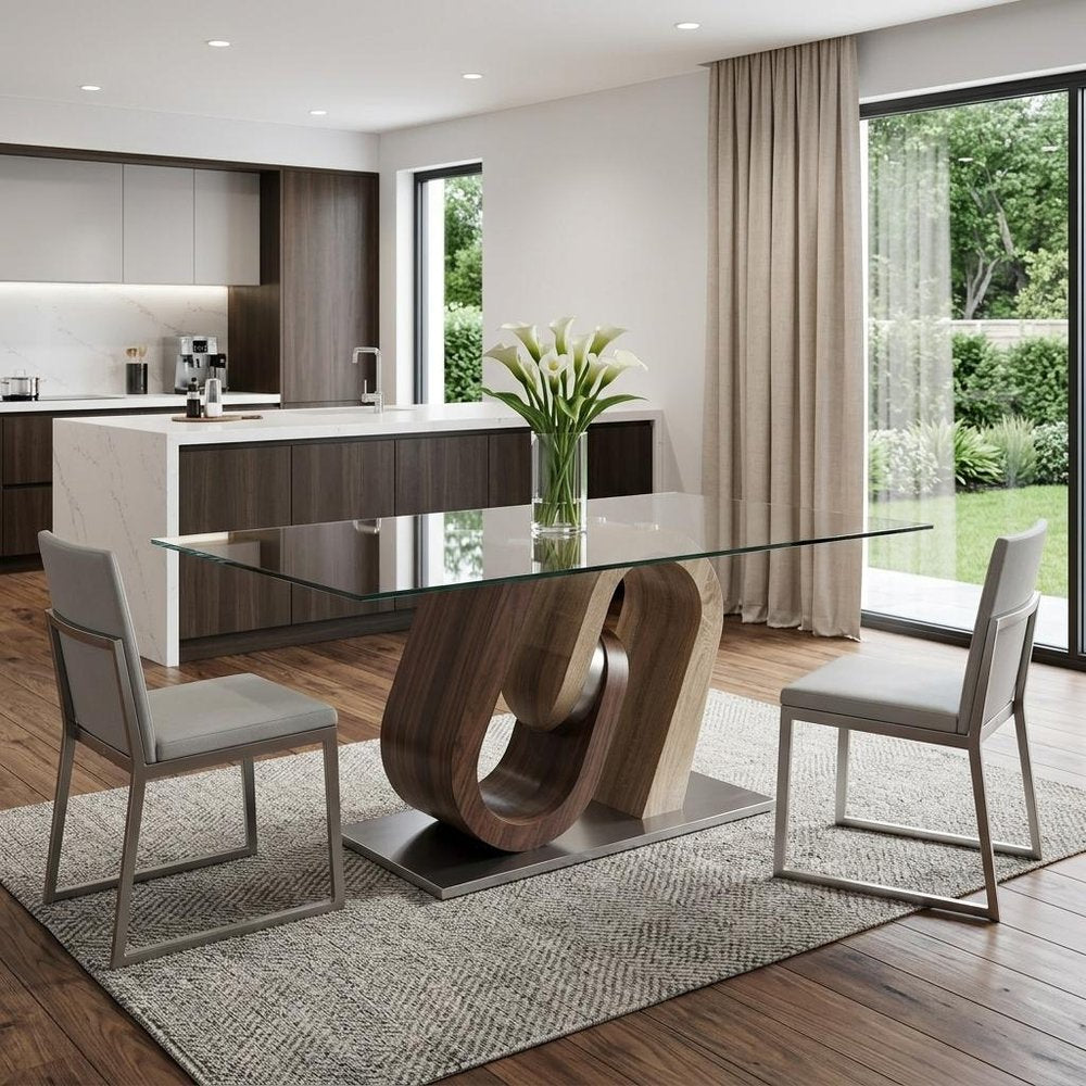 Clear and Brown and Silver Glass and Stainless Steel and Manufactured Wood Pedestal Base Dining Table