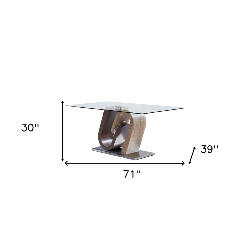 Clear and Brown and Silver Glass and Stainless Steel and Manufactured Wood Pedestal Base Dining Table