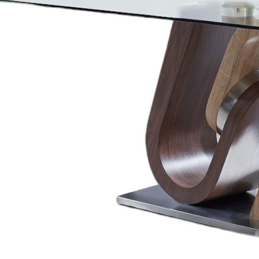 Clear and Brown and Silver Glass and Stainless Steel and Manufactured Wood Pedestal Base Dining Table