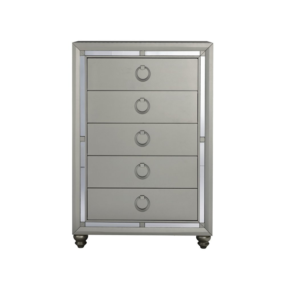 Silver Solid Wood Mirrored Five Drawer Dresser - 33-inch