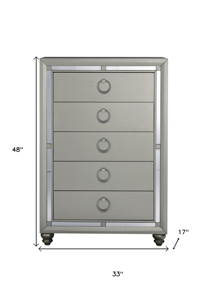 Silver Solid Wood Mirrored Five Drawer Dresser - 33-inch