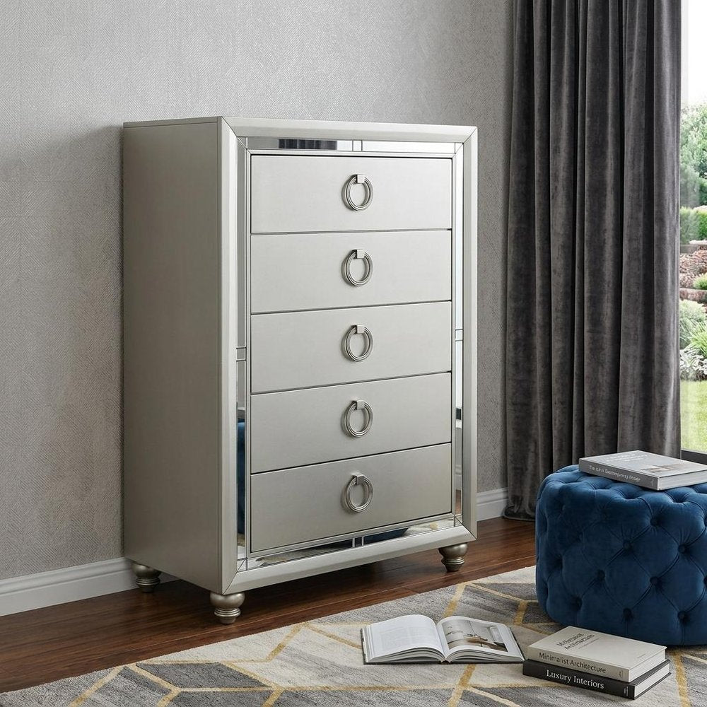 Silver Solid Wood Mirrored Five Drawer Dresser - 33-inch