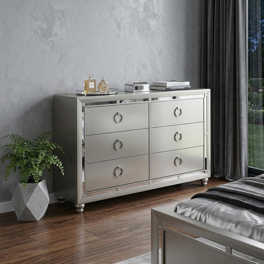 Silver Solid Wood Mirrored Five Drawer Dresser - 33-inch