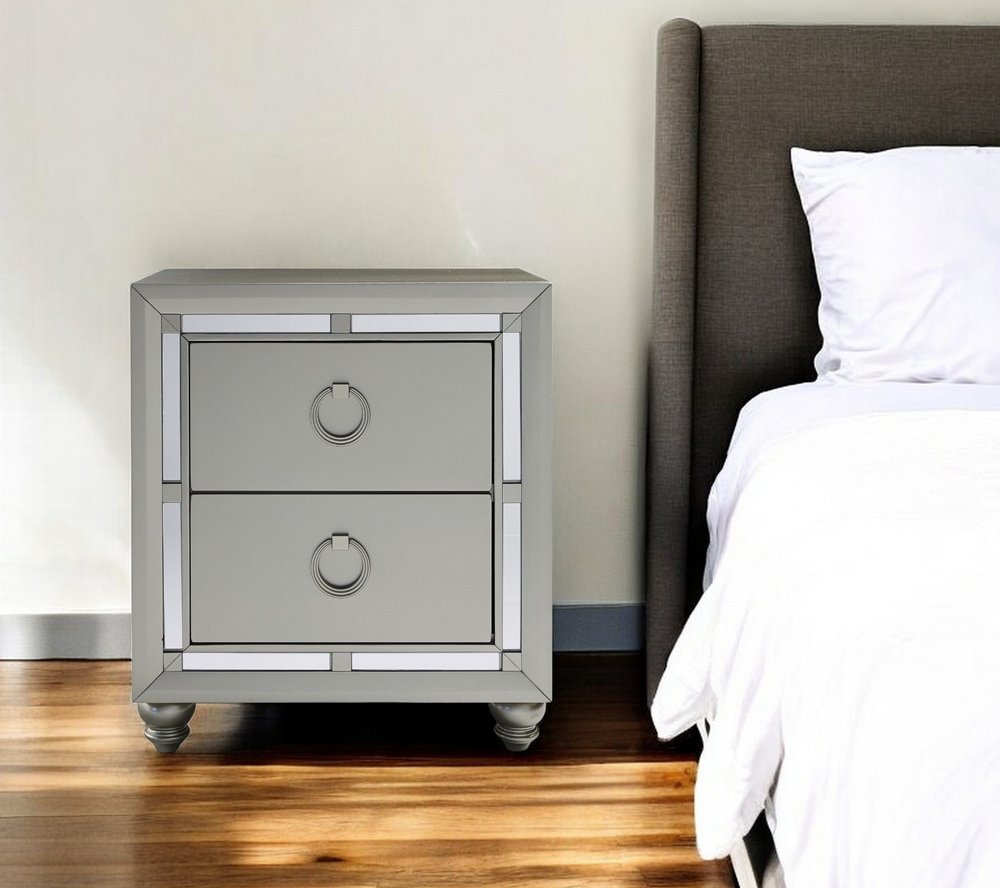 Solid and Manufactured Wood and Mirrored Glass Nightstand - 28-inch