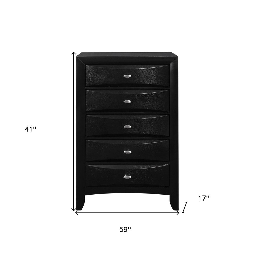 Black Solid Wood Mirrored Five Drawer Dresser - 59-inch
