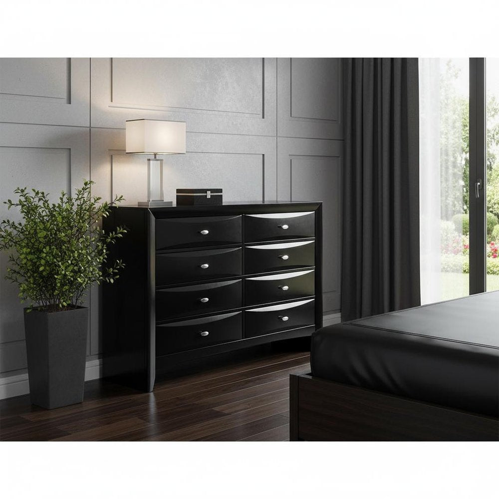 Black Solid Wood Mirrored Five Drawer Dresser - 59-inch