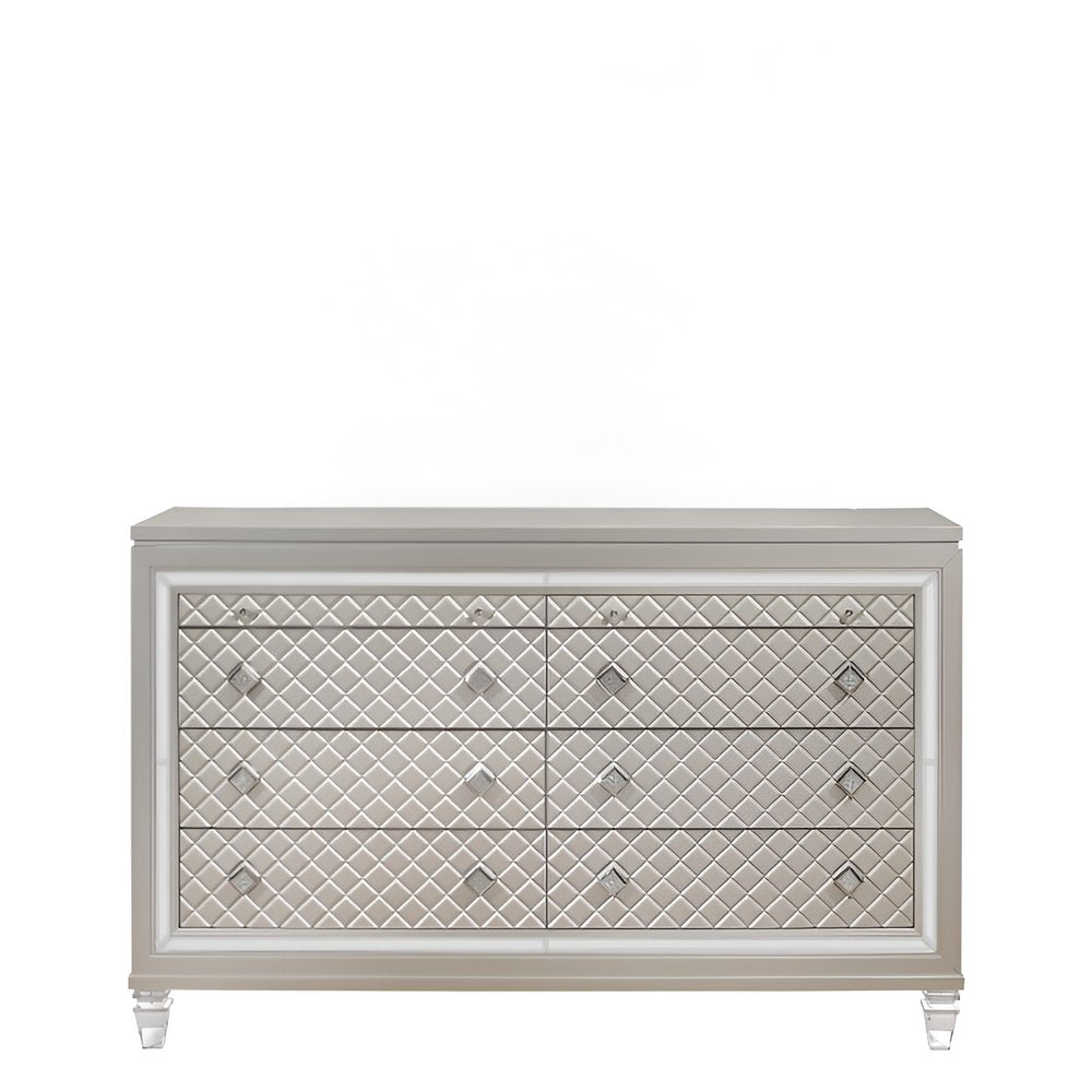 Champagne Toned Chest with Tapered Acrylic Legs and 5 Drawers