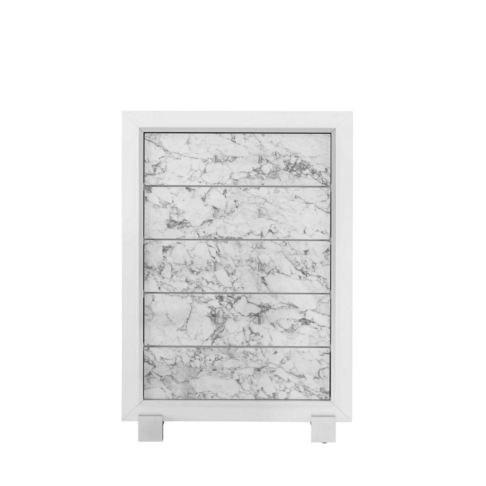 Modern White Chest with 5 Faux Marble Detailed Front Drawer.