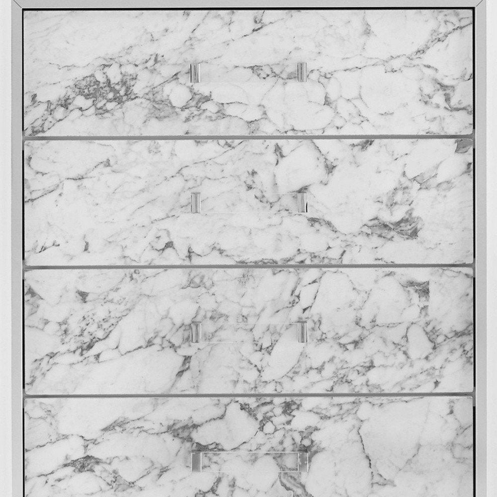 Modern White Chest with 5 Faux Marble Detailed Front Drawer.