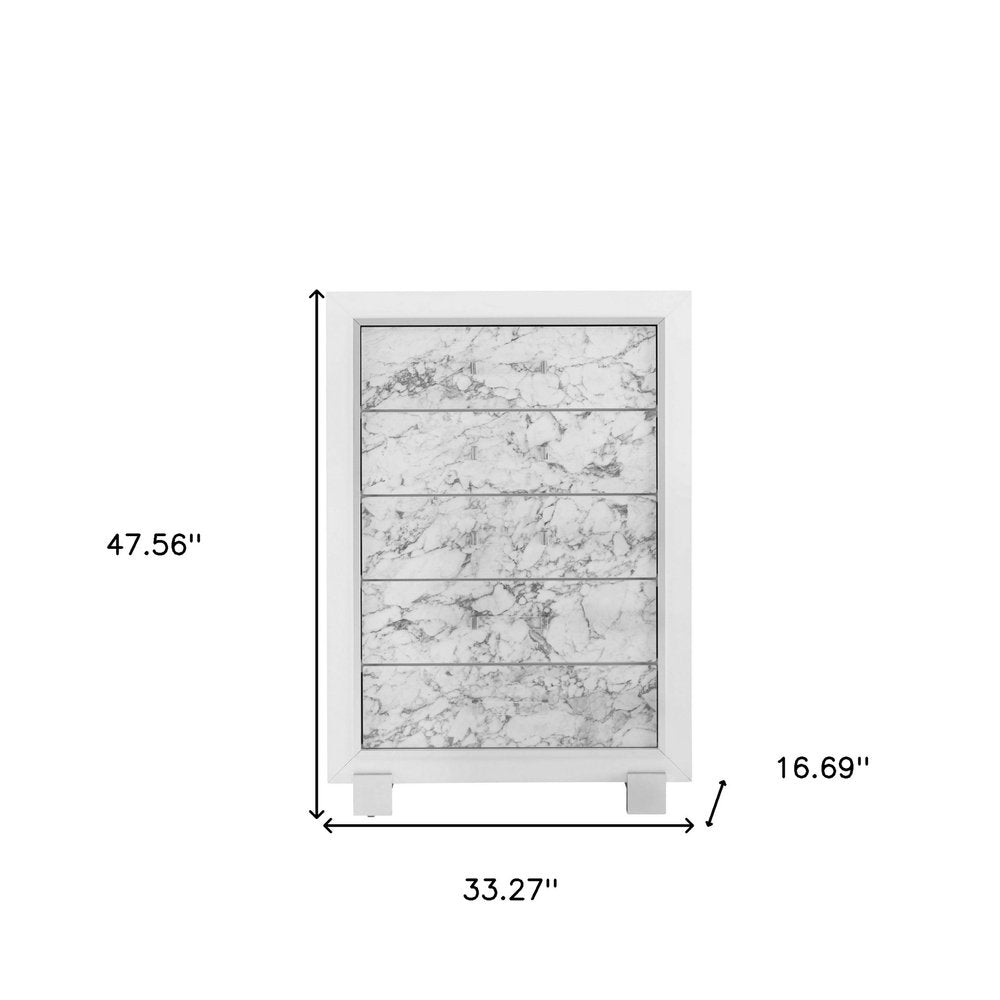 Modern White Chest with 5 Faux Marble Detailed Front Drawer.