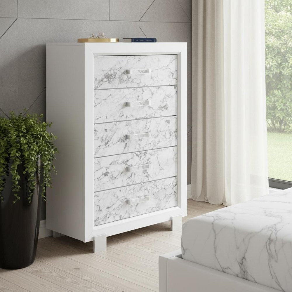 Modern White Chest with 5 Faux Marble Detailed Front Drawer.