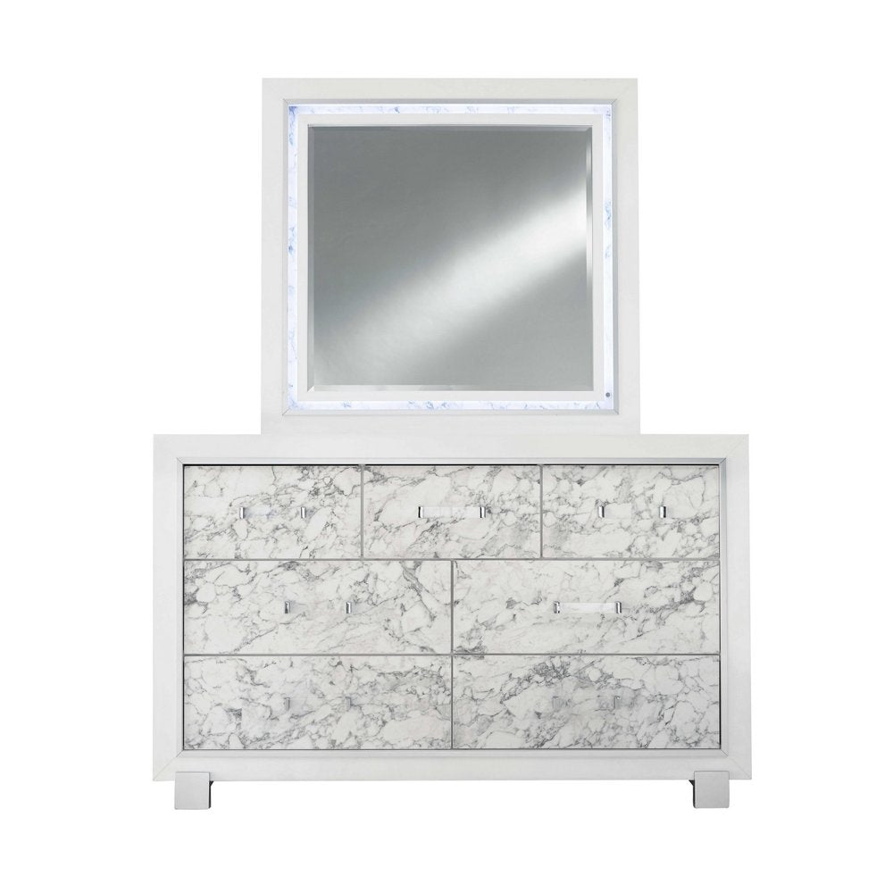Modern White Chest with 5 Faux Marble Detailed Front Drawer.