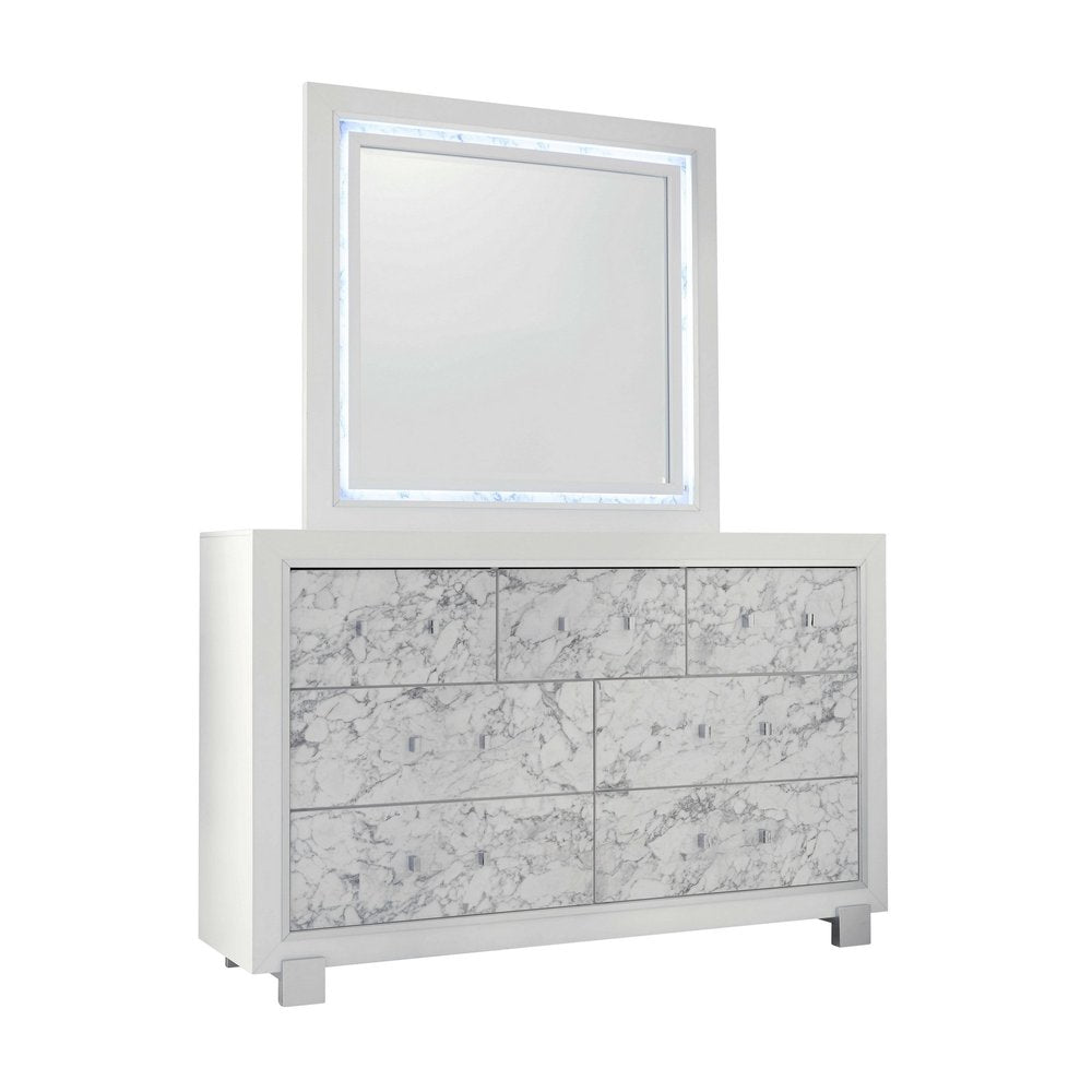 Modern White Chest with 5 Faux Marble Detailed Front Drawer.