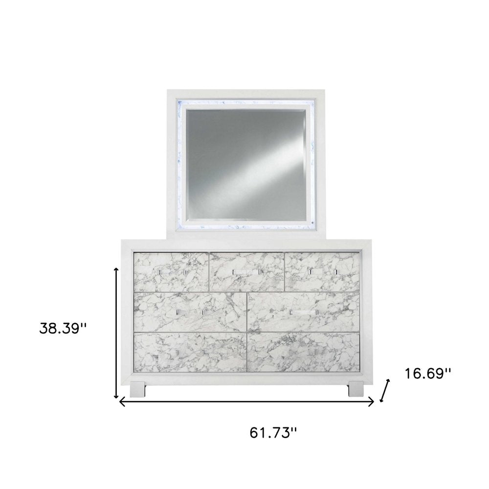 Modern White Chest with 5 Faux Marble Detailed Front Drawer.