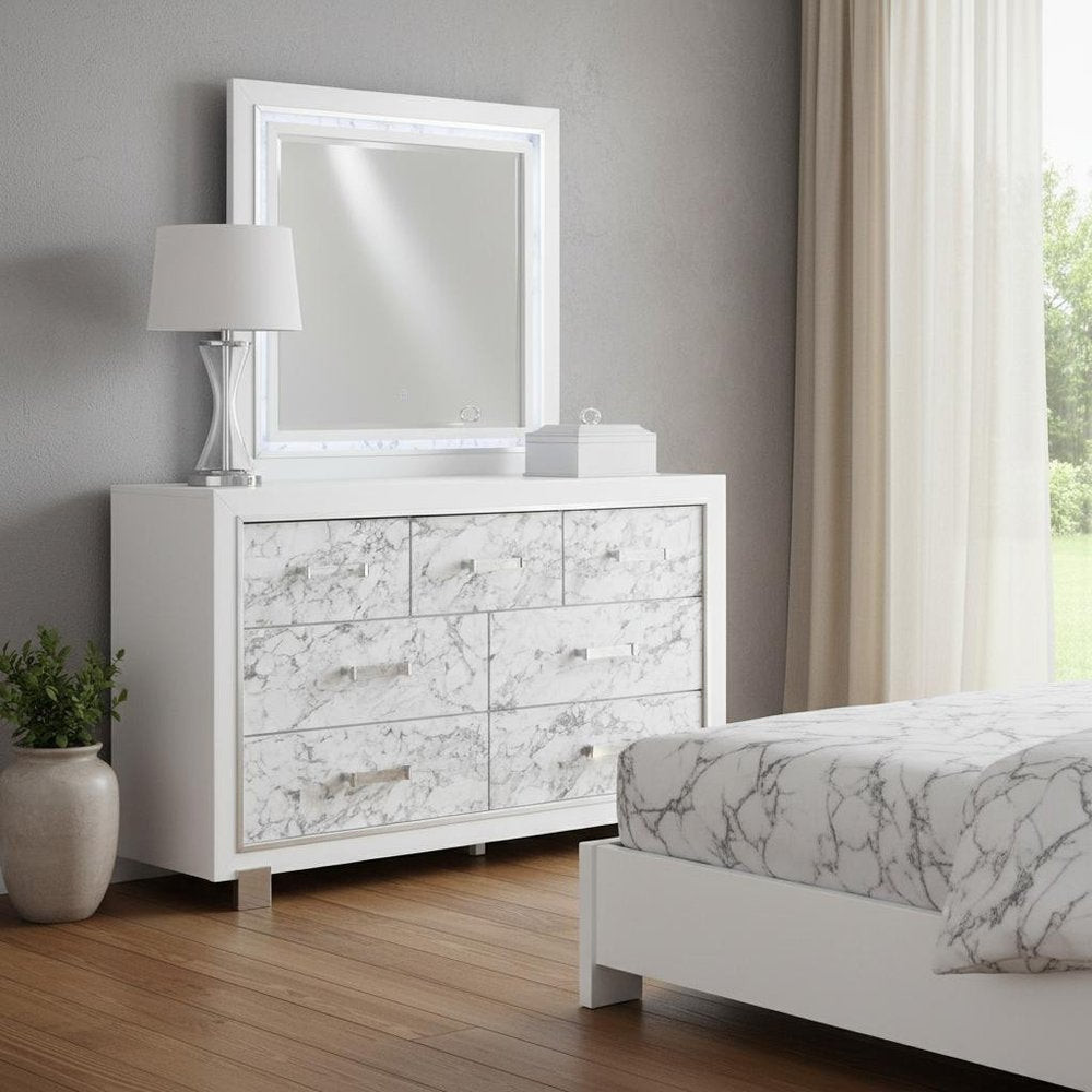 Modern White Chest with 5 Faux Marble Detailed Front Drawer.