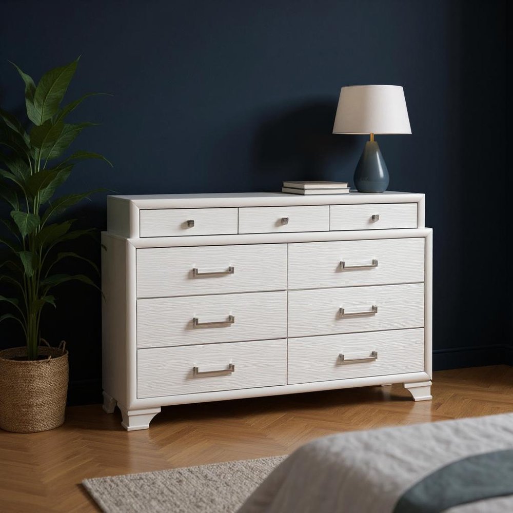 White Solid Wood Mirrored Nine Drawer - 59-inch