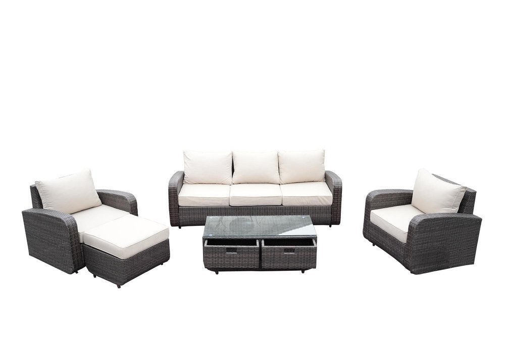 Five Piece Brown and Beige Wicker Sofa Seating Group with Table