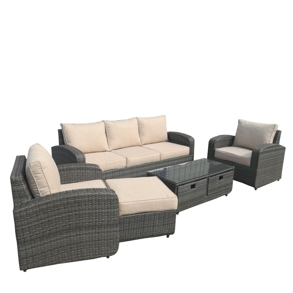 Five Piece Gray and Beige Wicker Sofa Seating Group with Table