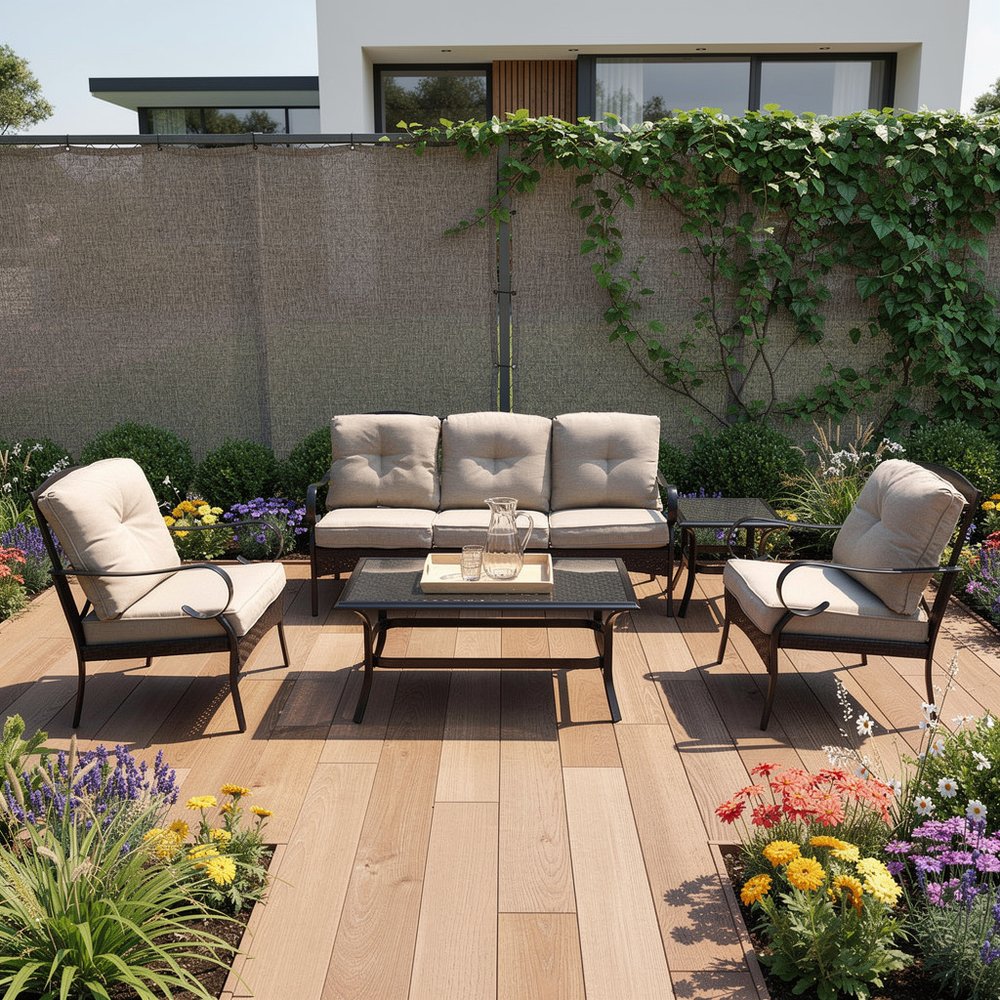 Five Piece Black and Beige Metal Sofa Seating Group with Table