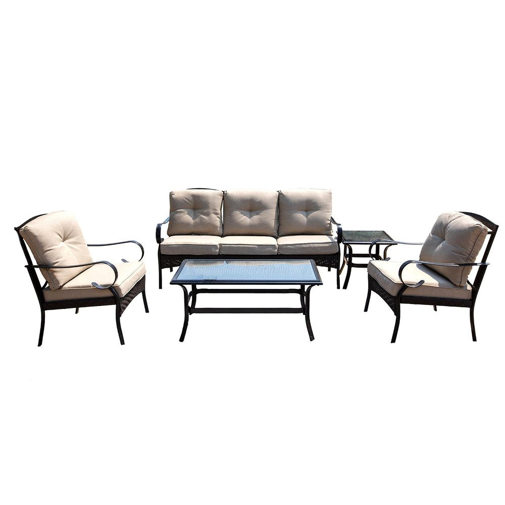 Five Piece Black and Beige Metal Sofa Seating Group with Table