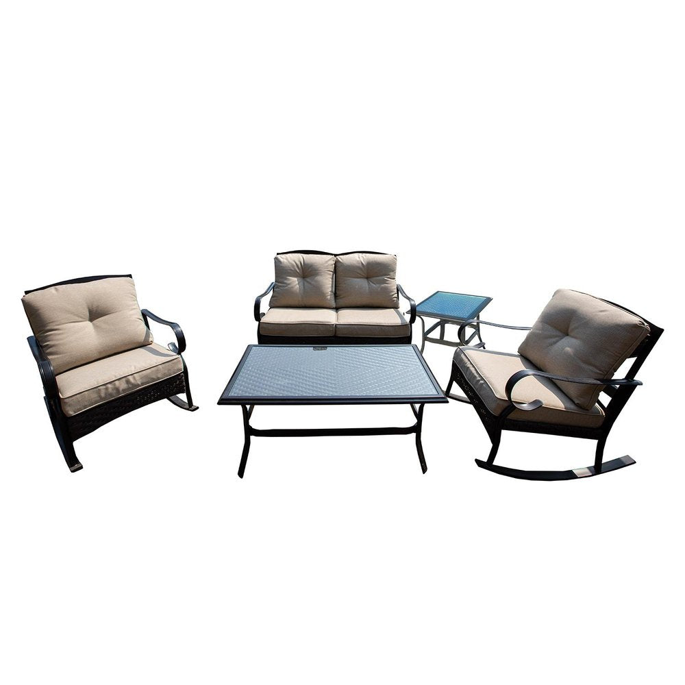 Five Piece Black and Beige Metal Sofa Seating Group with Table