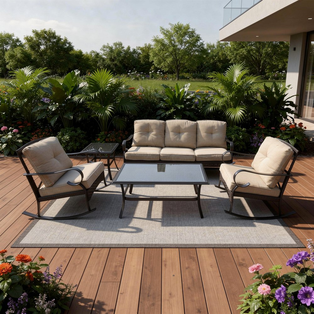 Five Piece Black and Beige Metal Sofa Seating Group with Table