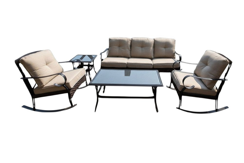 Five Piece Black and Beige Metal Sofa Seating Group with Table