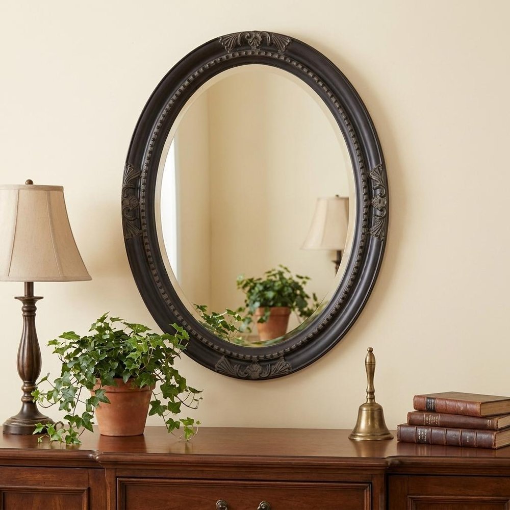 Black Ornate Oval Wood Framed Accent Mirror - 33-inch