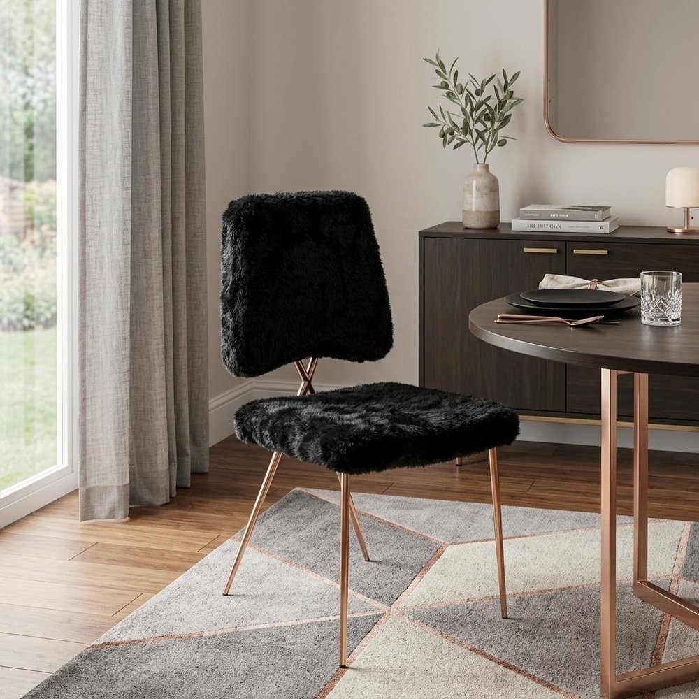 Set of Two Black and Gold Upholstered Fabric Dining Side Chairs