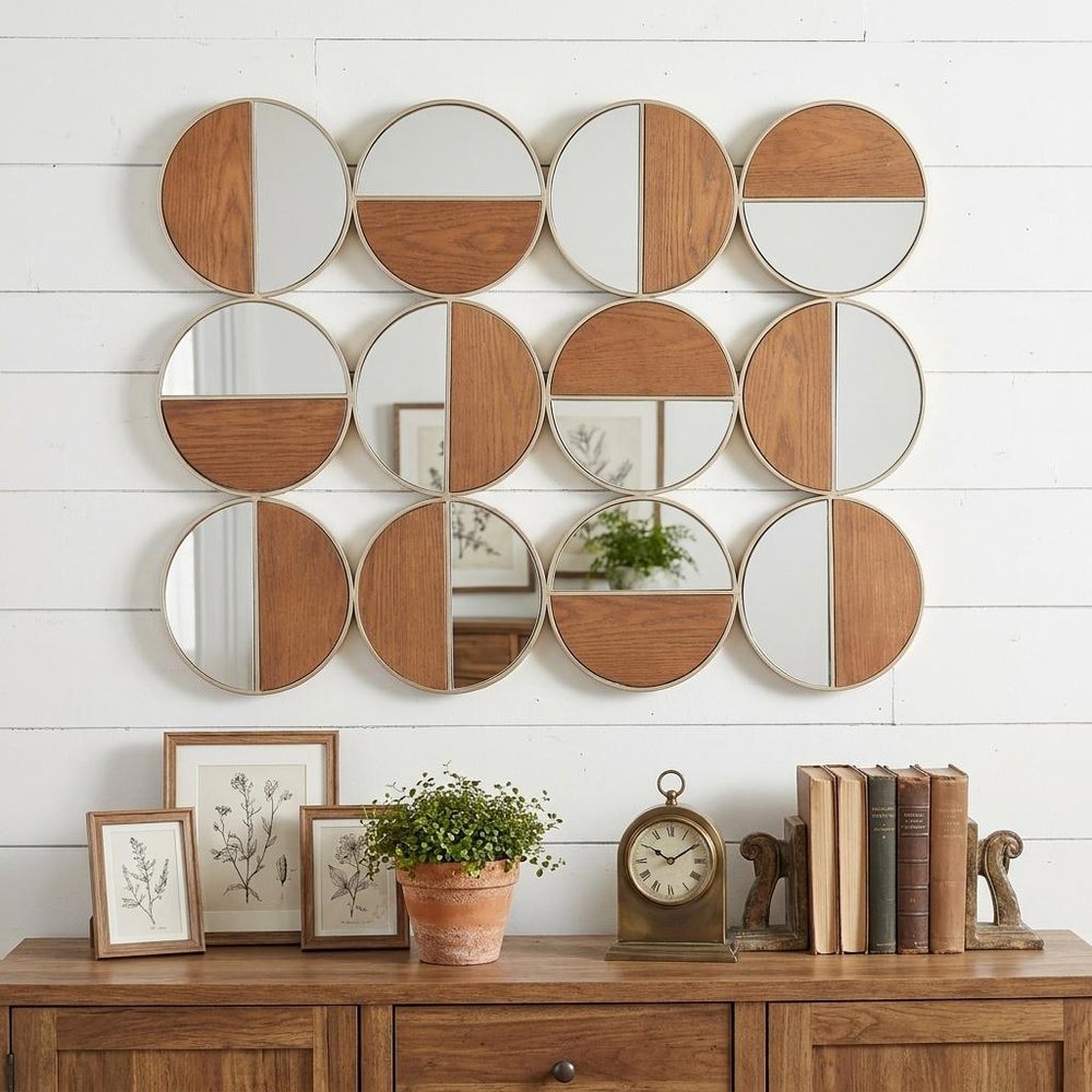 Gold and Walnut Steel Round Framed Accent Mirror - 36-inch