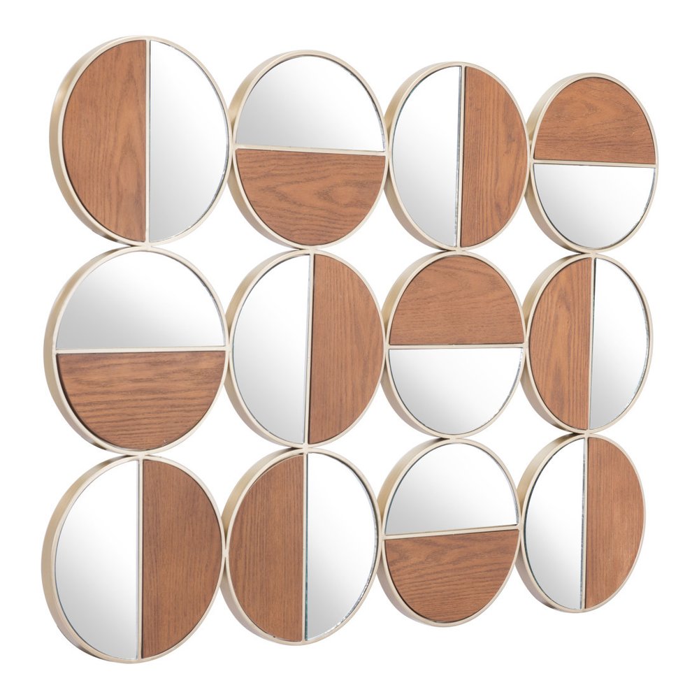 Gold and Walnut Steel Round Framed Accent Mirror - 36-inch