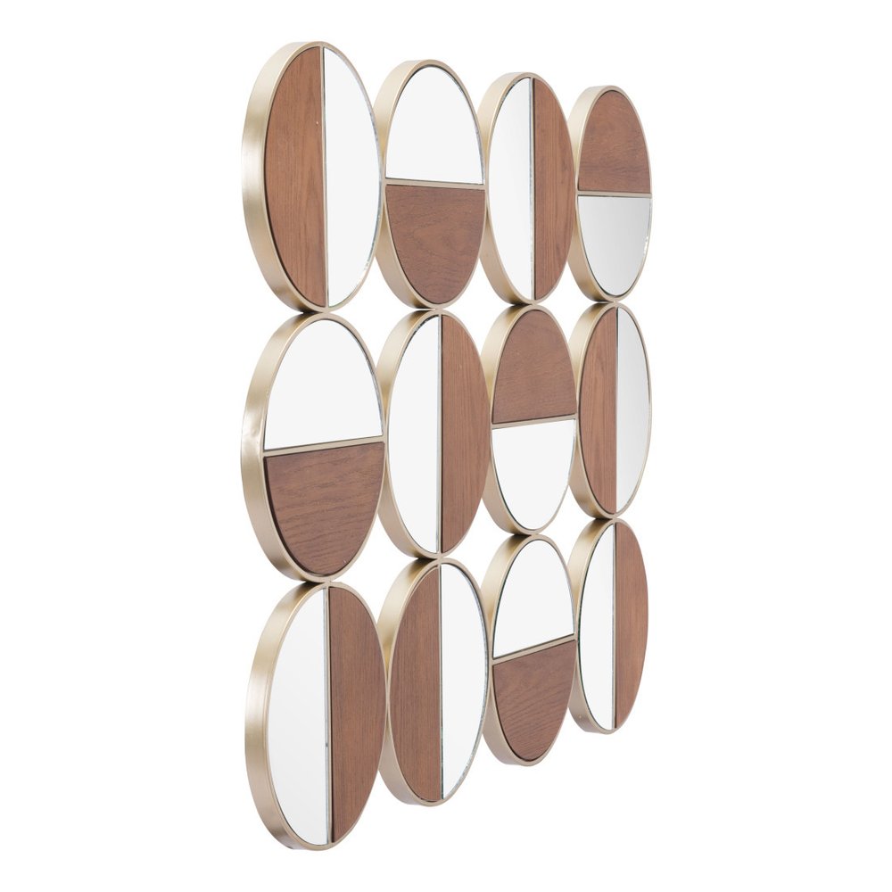 Gold and Walnut Steel Round Framed Accent Mirror - 36-inch