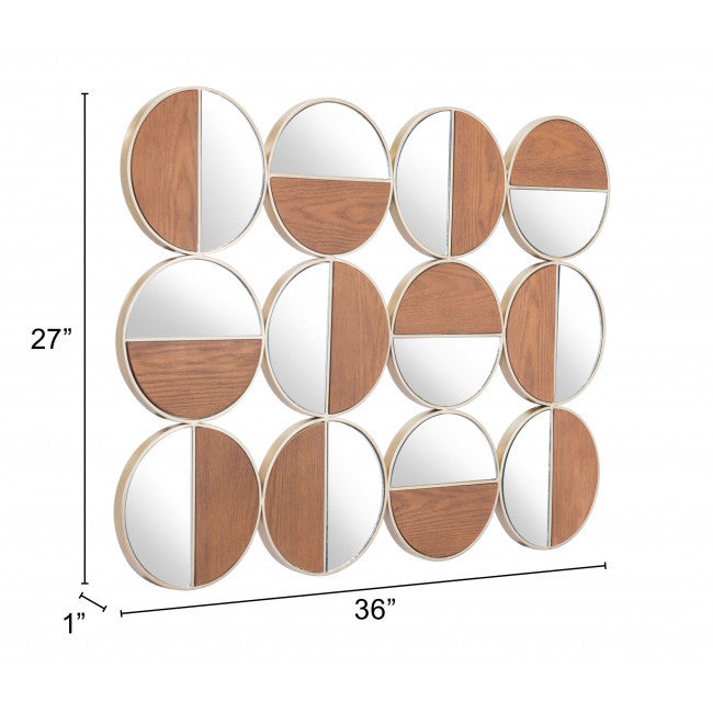 Gold and Walnut Steel Round Framed Accent Mirror - 36-inch