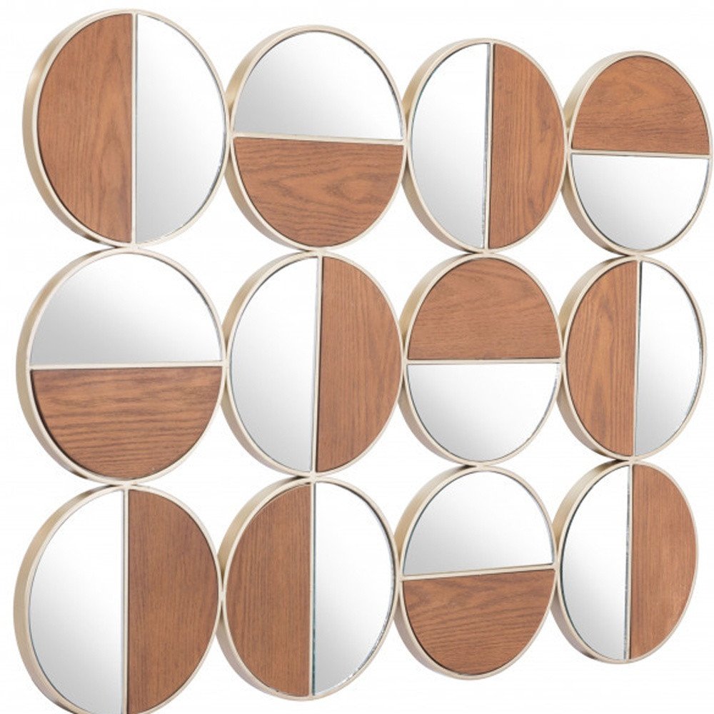 Gold and Walnut Steel Round Framed Accent Mirror - 36-inch