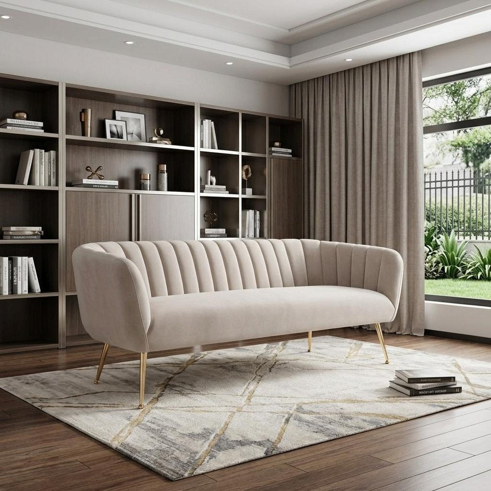 Beige Velvet Sofa with Gold Legs - 70-inch