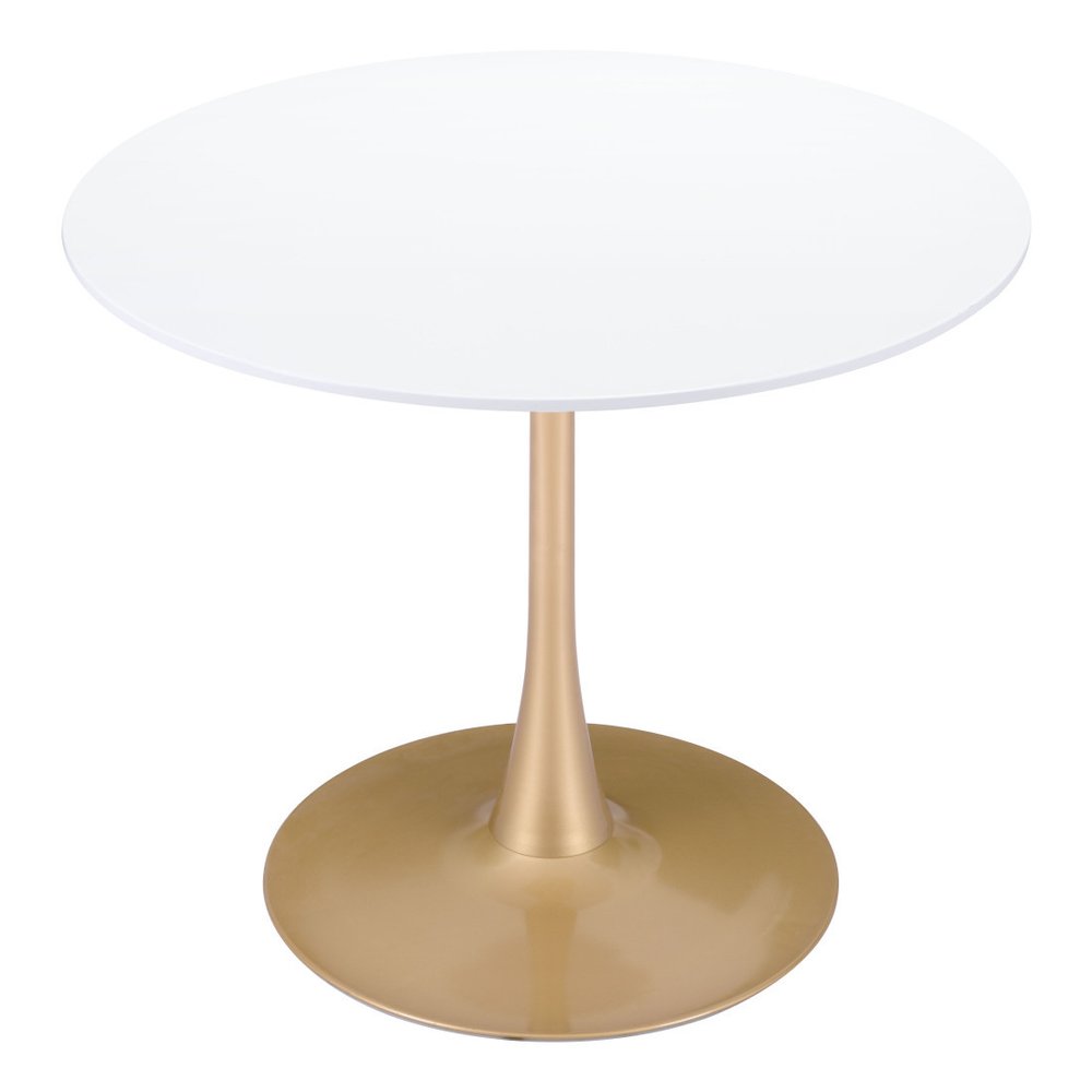 White and Gold Wood and Steel Pedestal Base Round Top Dining Table - 35-inch