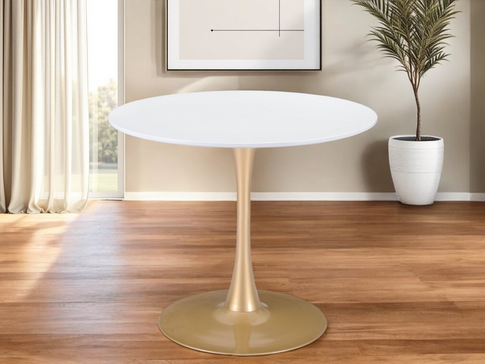 White and Gold Wood and Steel Pedestal Base Round Top Dining Table - 35-inch